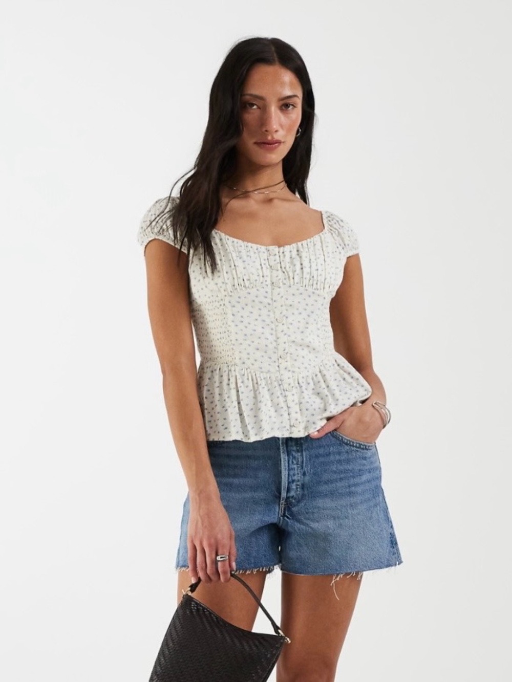 Hollister Cream Floral Peplum Square-Neck Top